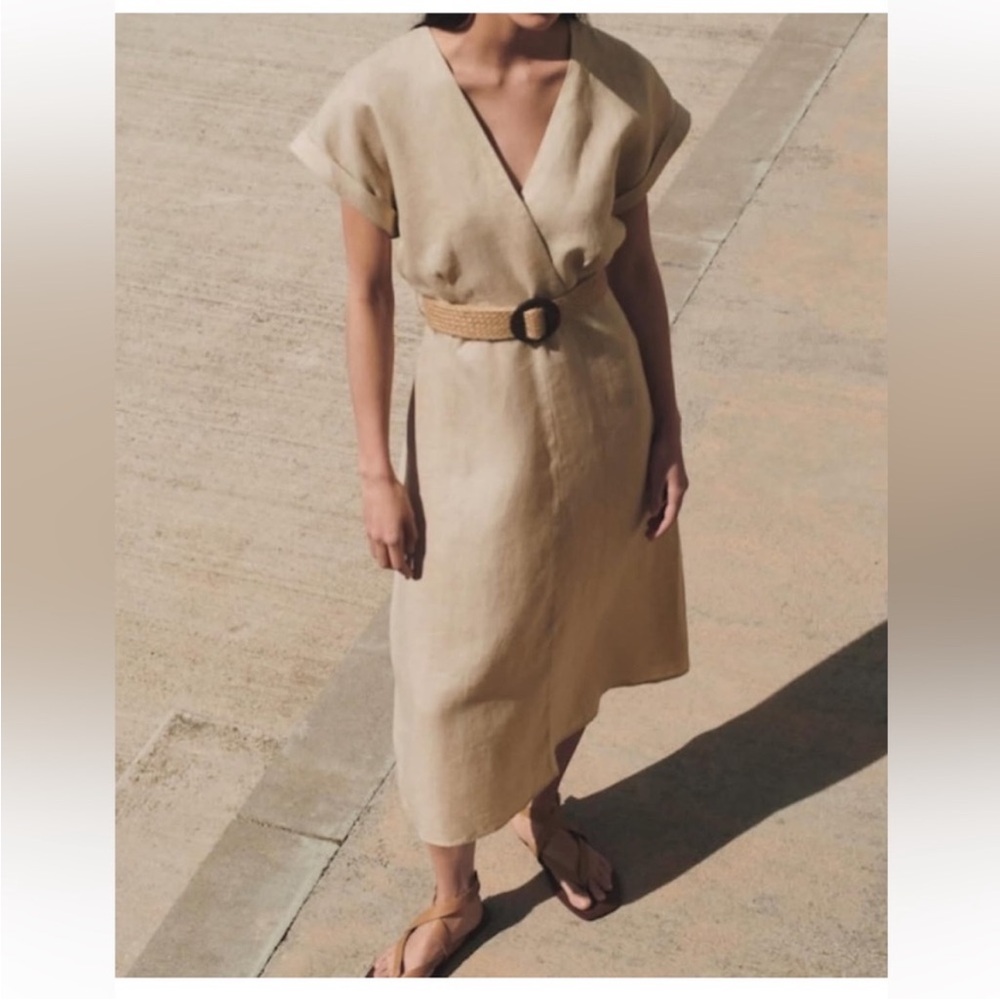 Mango cream tan linen belted midi dress